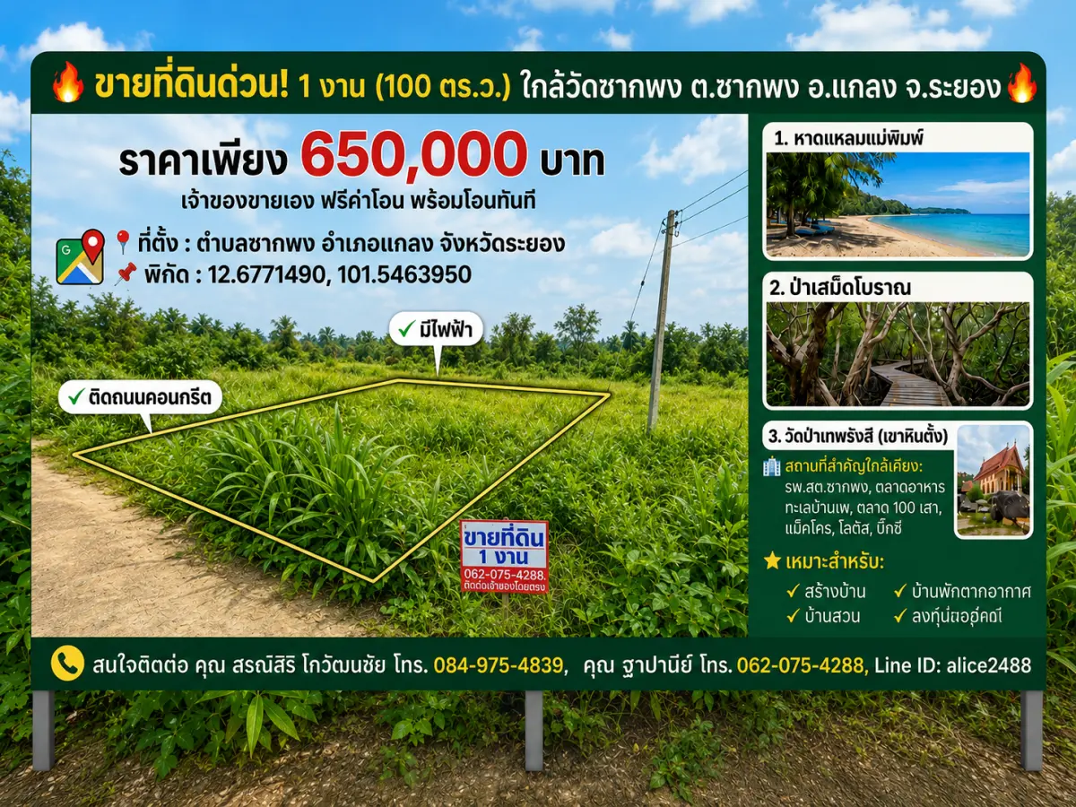 ขายที่ดินหนึ่งงาน ต.ซากพง อ.แกลง จ.ระยอง